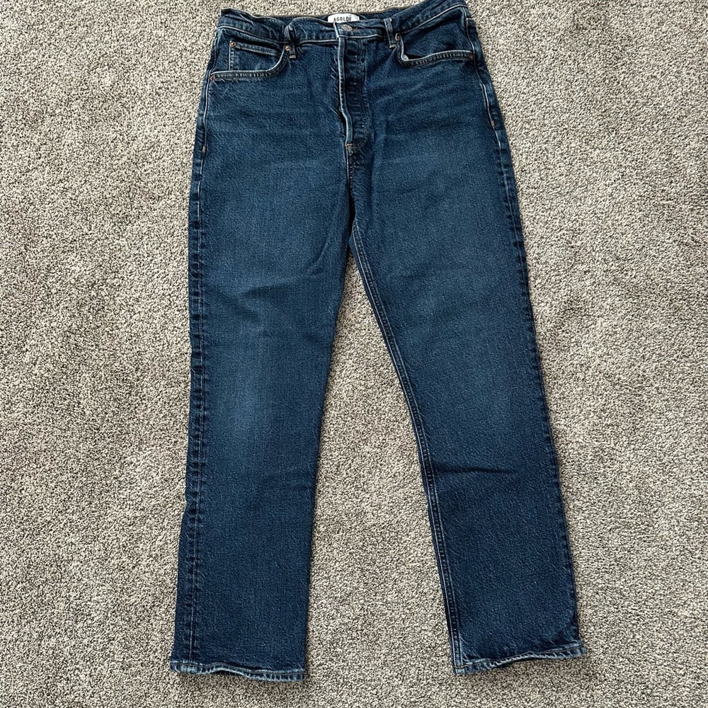 Agolde Women’s Riley Long High Rise Dark Blue Straight Leg Jeans - Button Fly